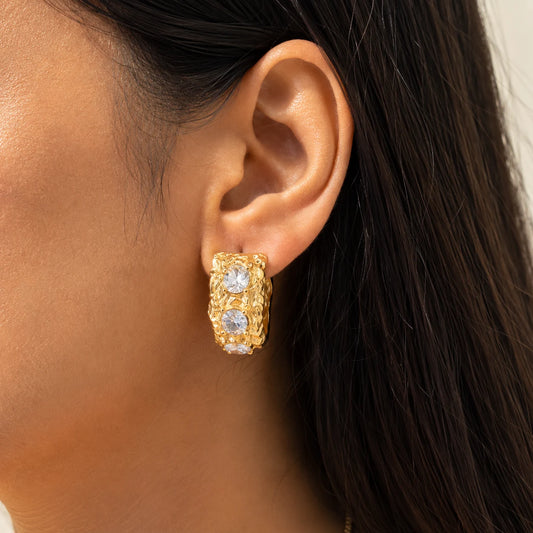 Sculpted Crystal Hoops Earrings - 18K Gold Plated