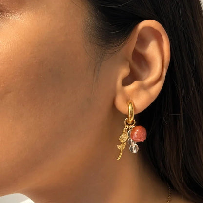 Rosy Beaded Dangler Earrings - 18K Gold Plated