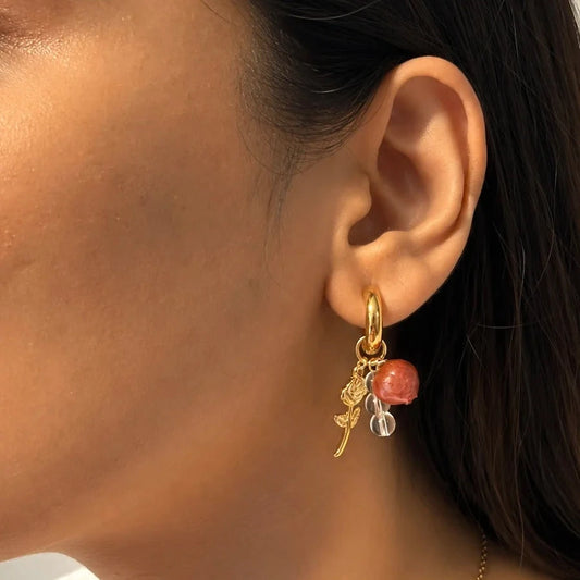 Rosy Beaded Dangler Earrings - 18K Gold Plated