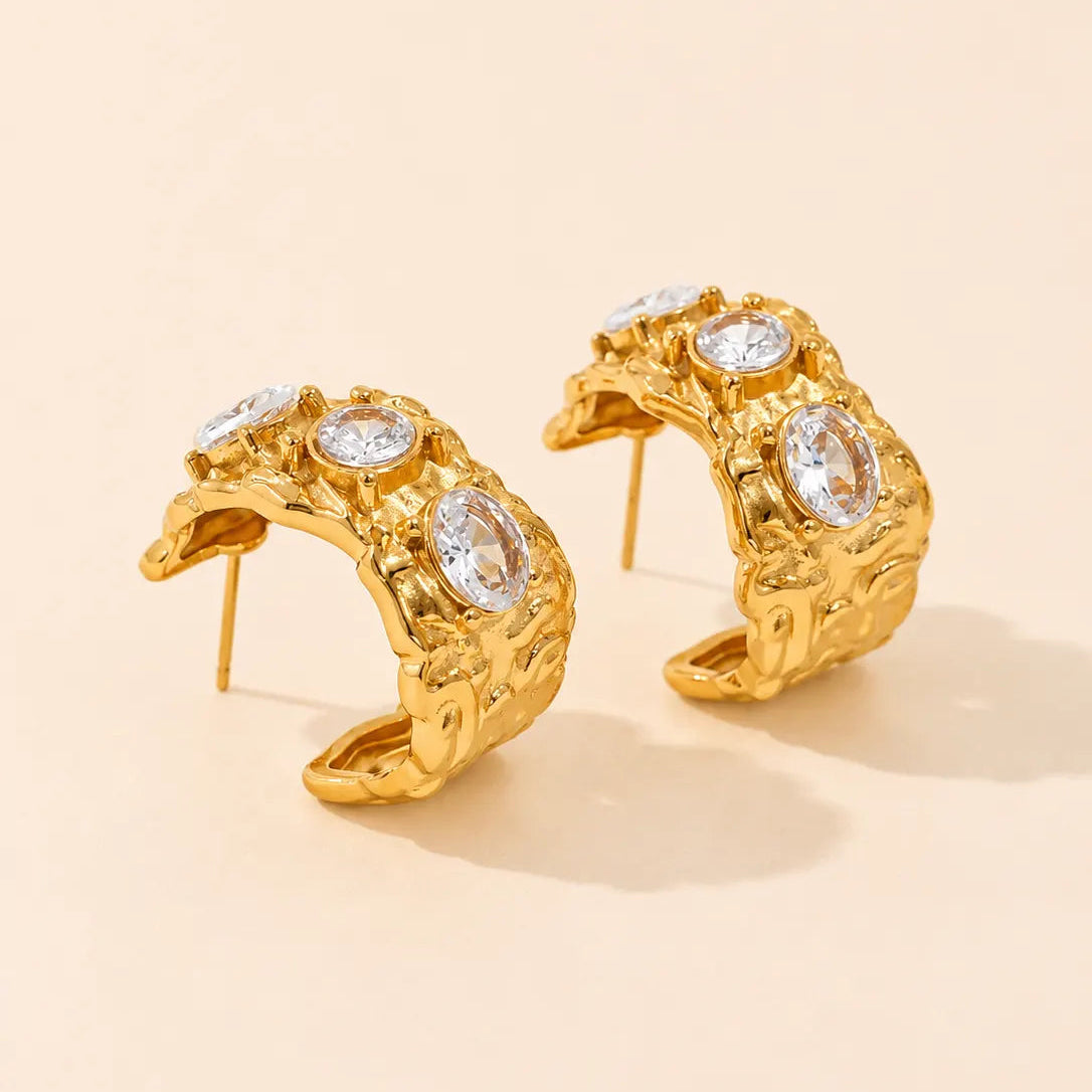 Sculpted Crystal Hoops Earrings - 18K Gold Plated