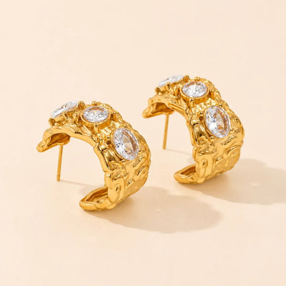 Sculpted Crystal Hoops Earrings - 18K Gold Plated