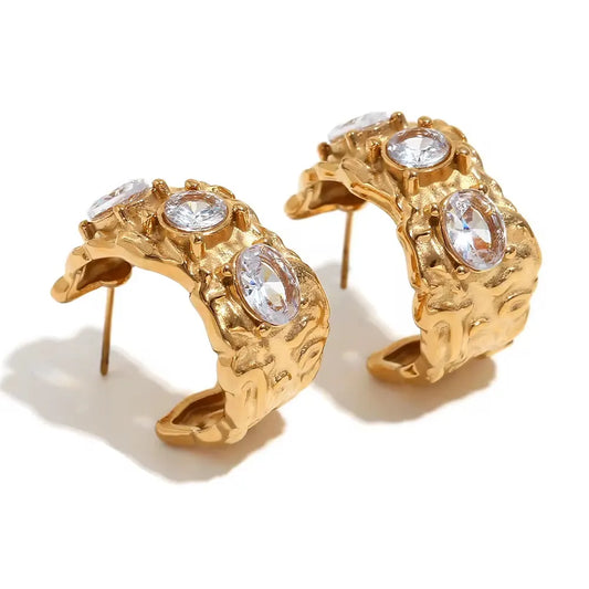 Sculpted Crystal Hoops Earrings - 18K Gold Plated