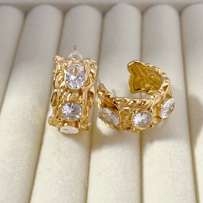 Sculpted Crystal Hoops Earrings - 18K Gold Plated