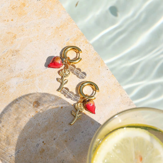 Rosy Beaded Dangler Earrings - 18K Gold Plated
