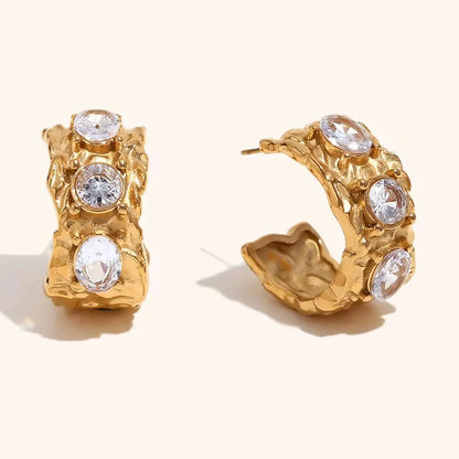 Sculpted Crystal Hoops Earrings - 18K Gold Plated