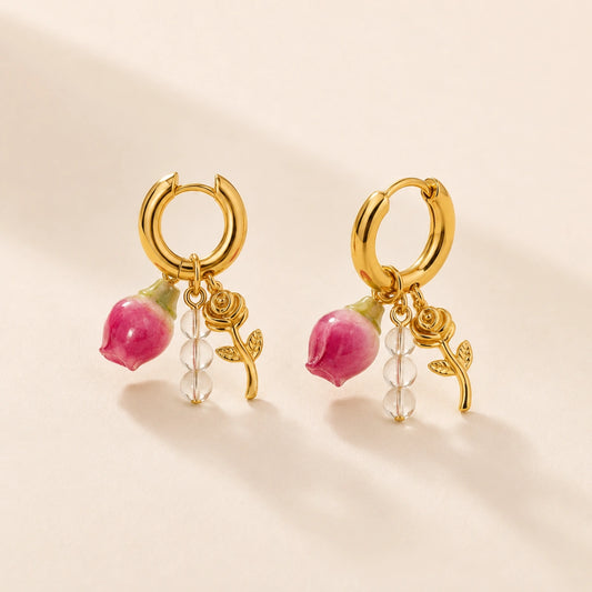 Rosy Beaded Dangler Earrings - 18K Gold Plated