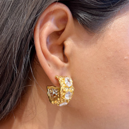 Sculpted Crystal Hoops Earrings - 18K Gold Plated